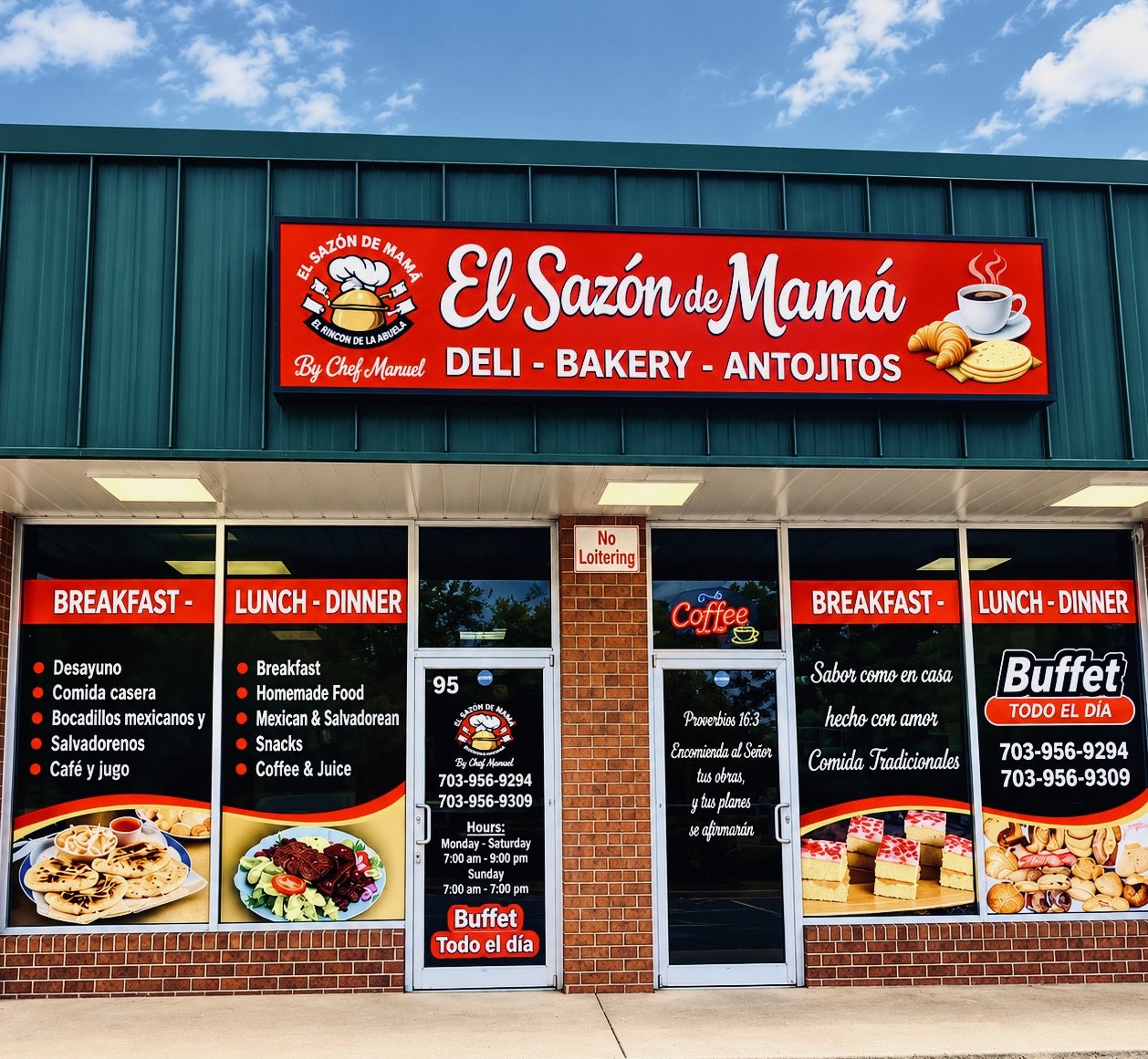 Storefront of El Sazón de Mamá with the restaurant sign, deli, bakery and antojitos windows